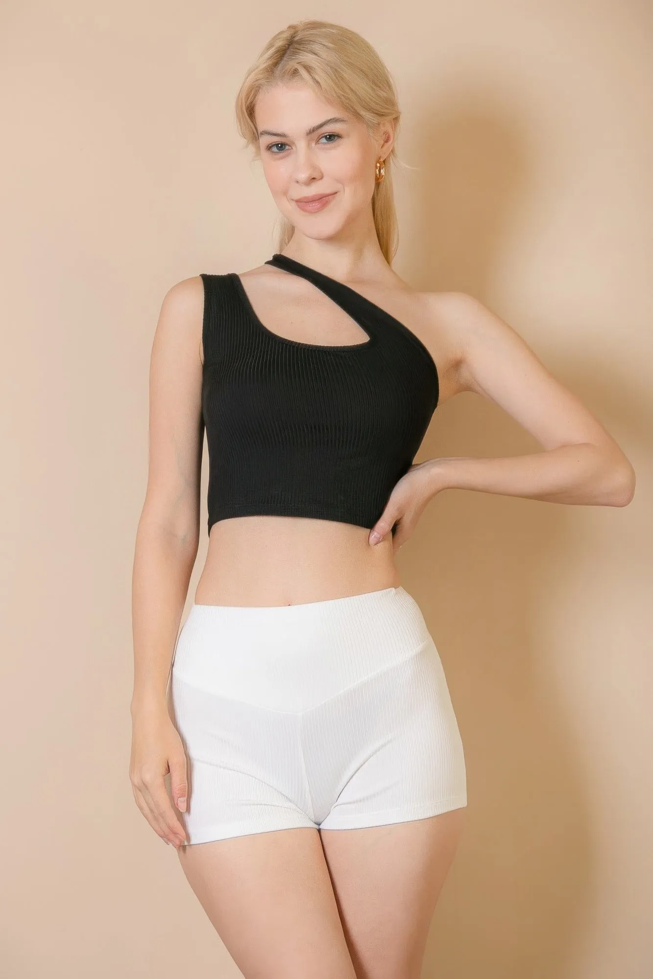 Ribbed One Shoulder Cross Strap Crop Top
