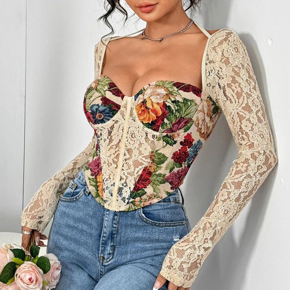 Romantic Floral Patchwork Lace Corset Top with Halter Straps