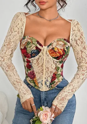 Romantic Floral Patchwork Lace Corset Top with Halter Straps