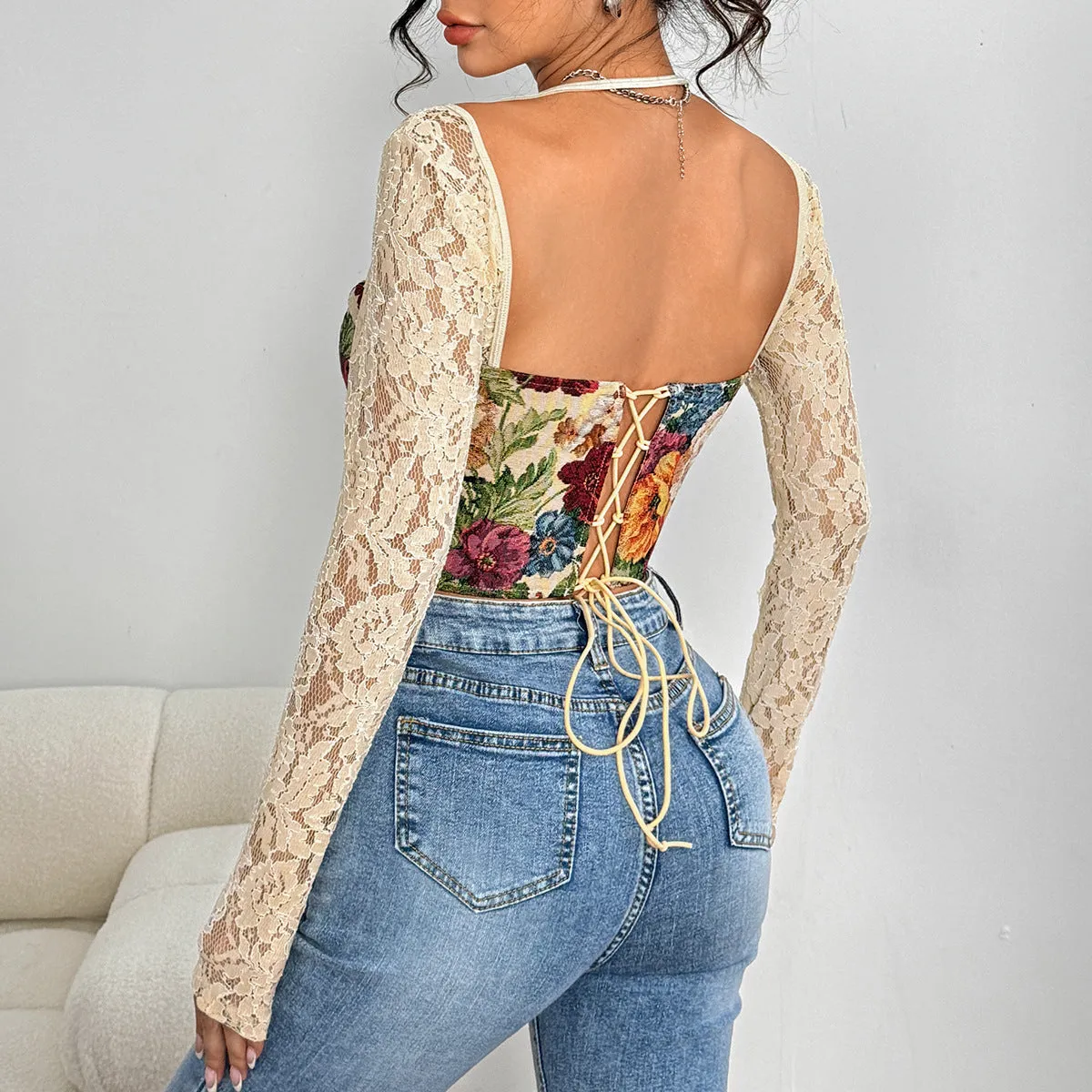 Romantic Floral Patchwork Lace Corset Top with Halter Straps