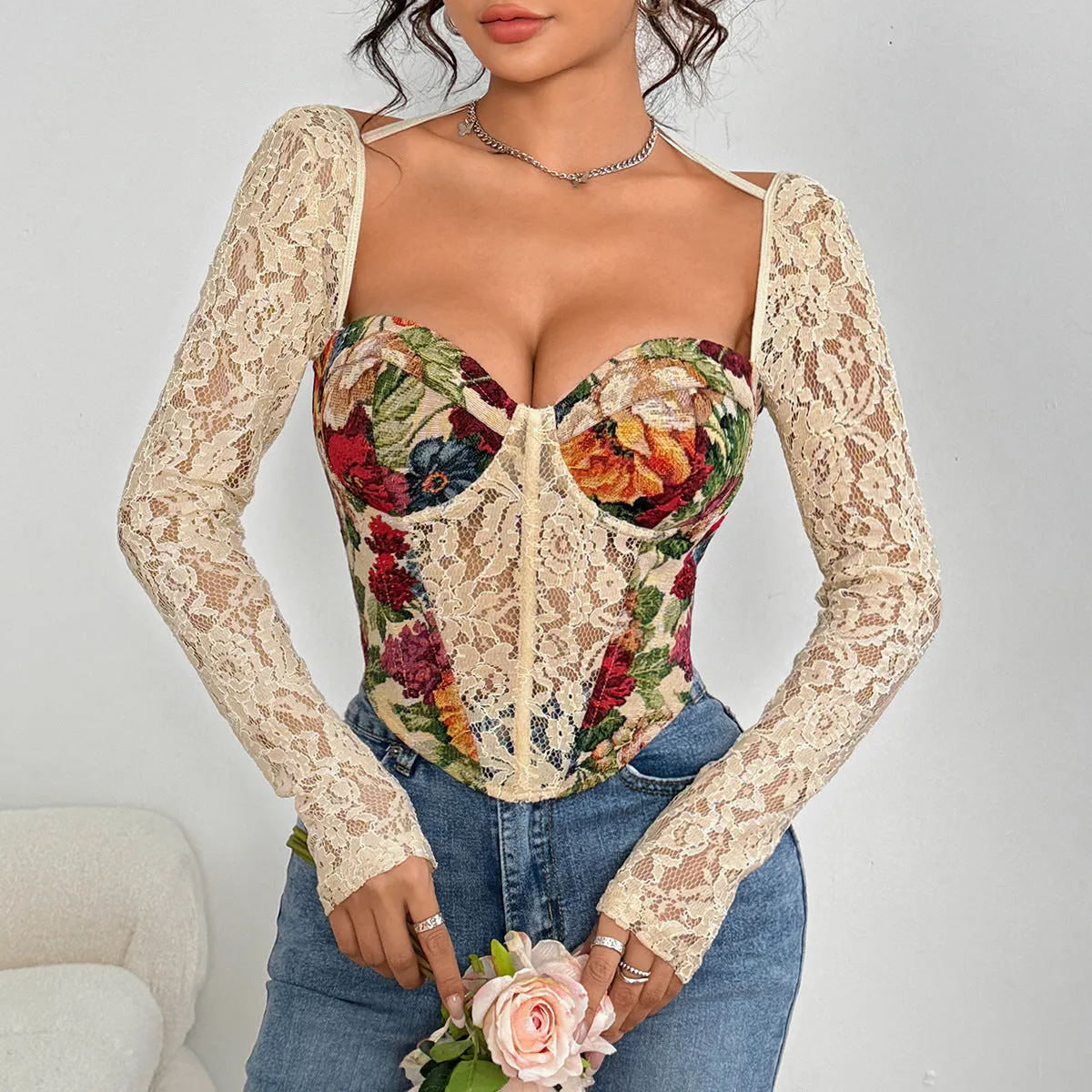 Romantic Floral Patchwork Lace Corset Top with Halter Straps