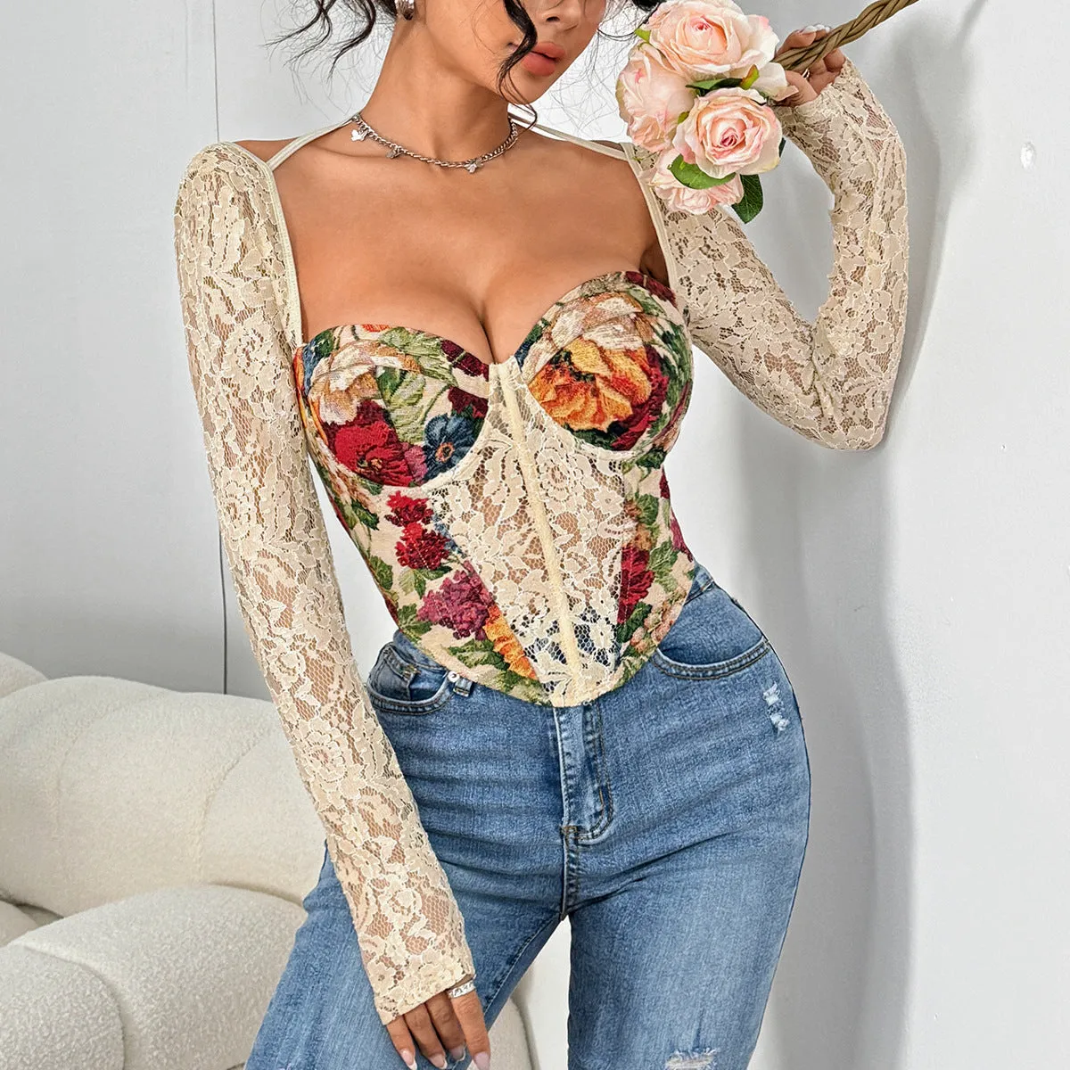 Romantic Floral Patchwork Lace Corset Top with Halter Straps