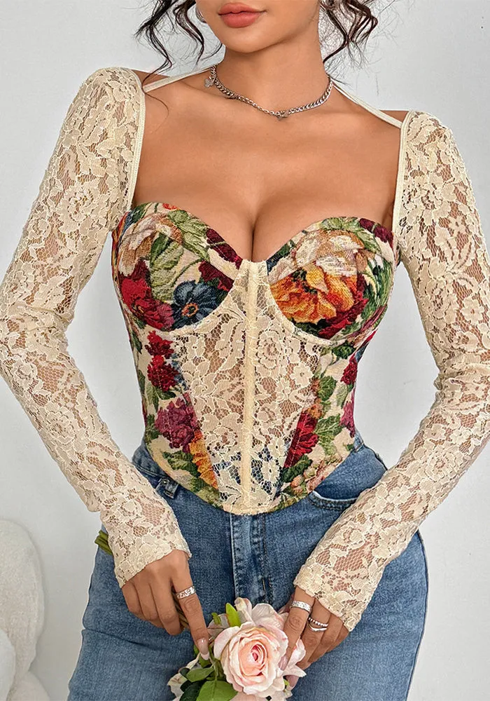 Romantic Floral Patchwork Lace Corset Top with Halter Straps