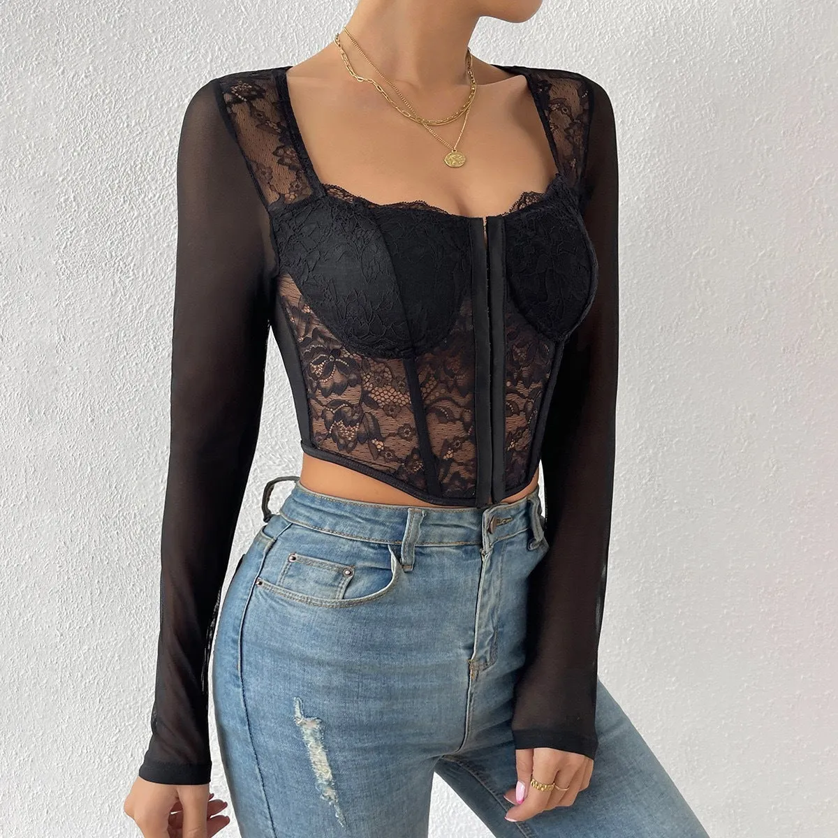 Seductive Sheer Lace Corset-Style Long Sleeve Crop Top