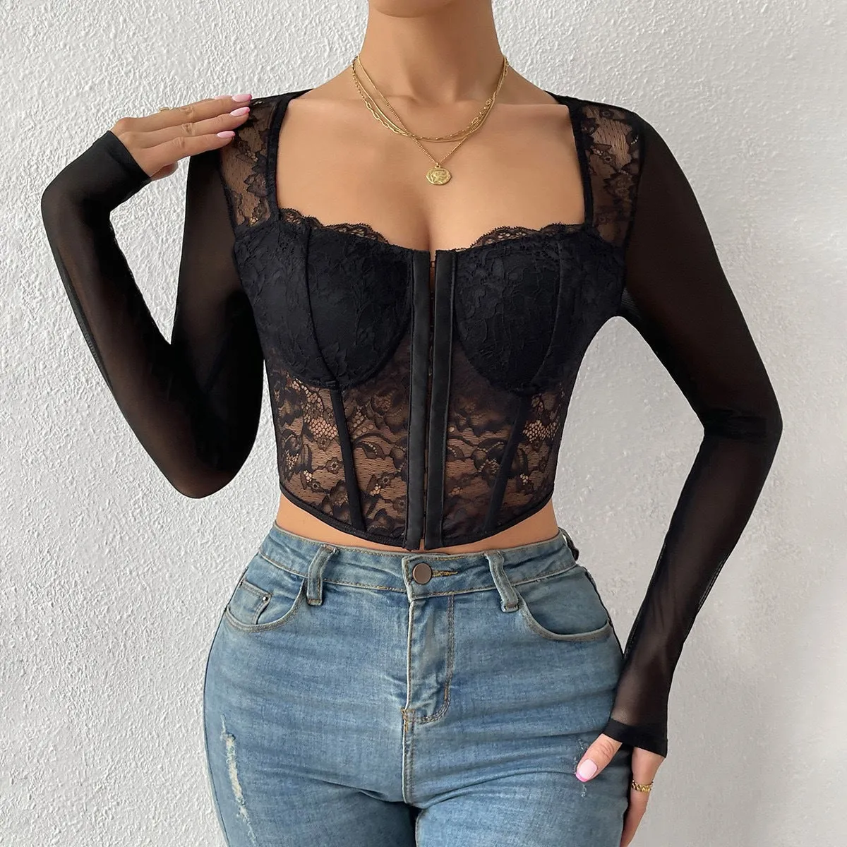 Seductive Sheer Lace Corset-Style Long Sleeve Crop Top