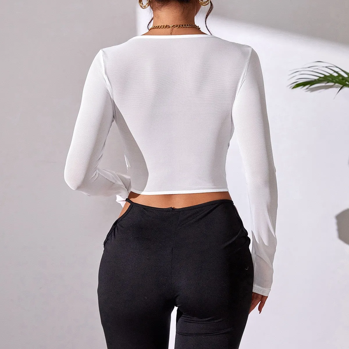 Seductive Sheer Lace Corset-Style Long Sleeve Crop Top