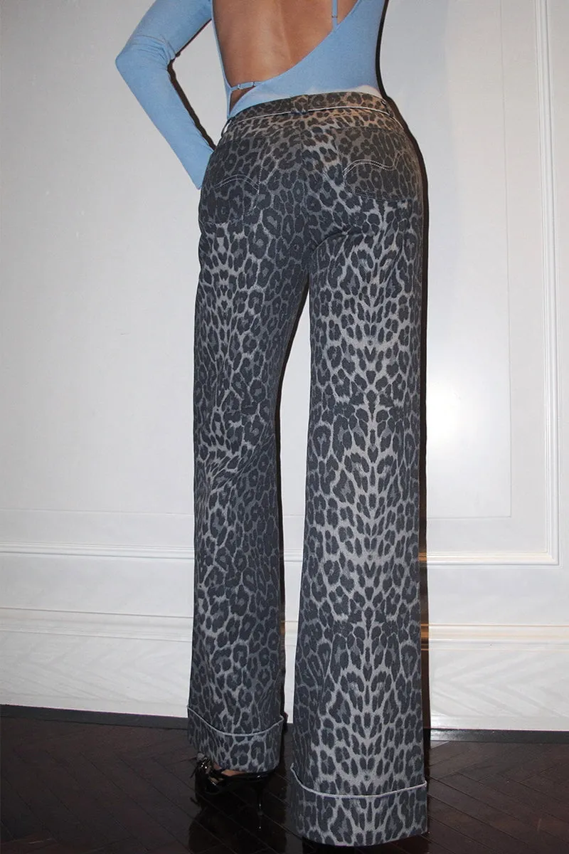 Snow Leopard Print Wide-Leg Jeans
