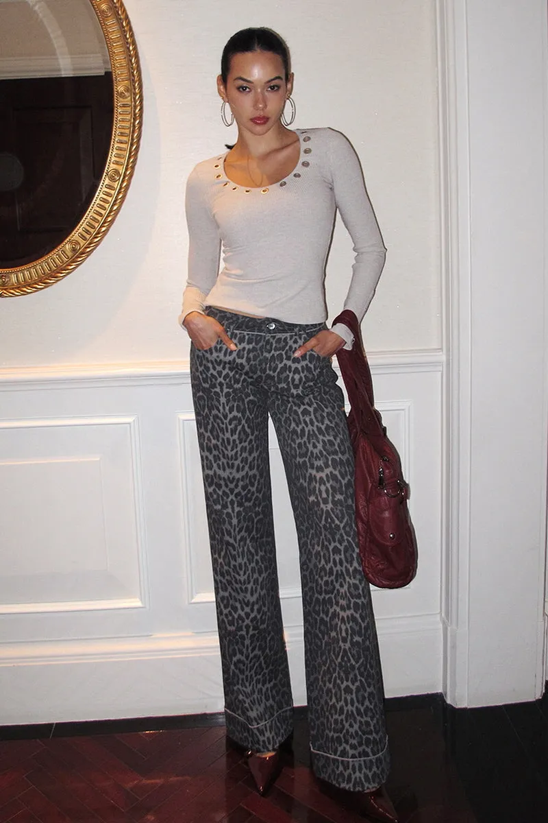 Snow Leopard Print Wide-Leg Jeans