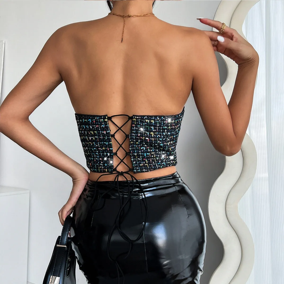 Steel Ring Fishbone Bra Back Lace-Up Strapless Sequin Vest