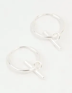 Sterling Silver Clean T Bar Drop Hoop Earrings