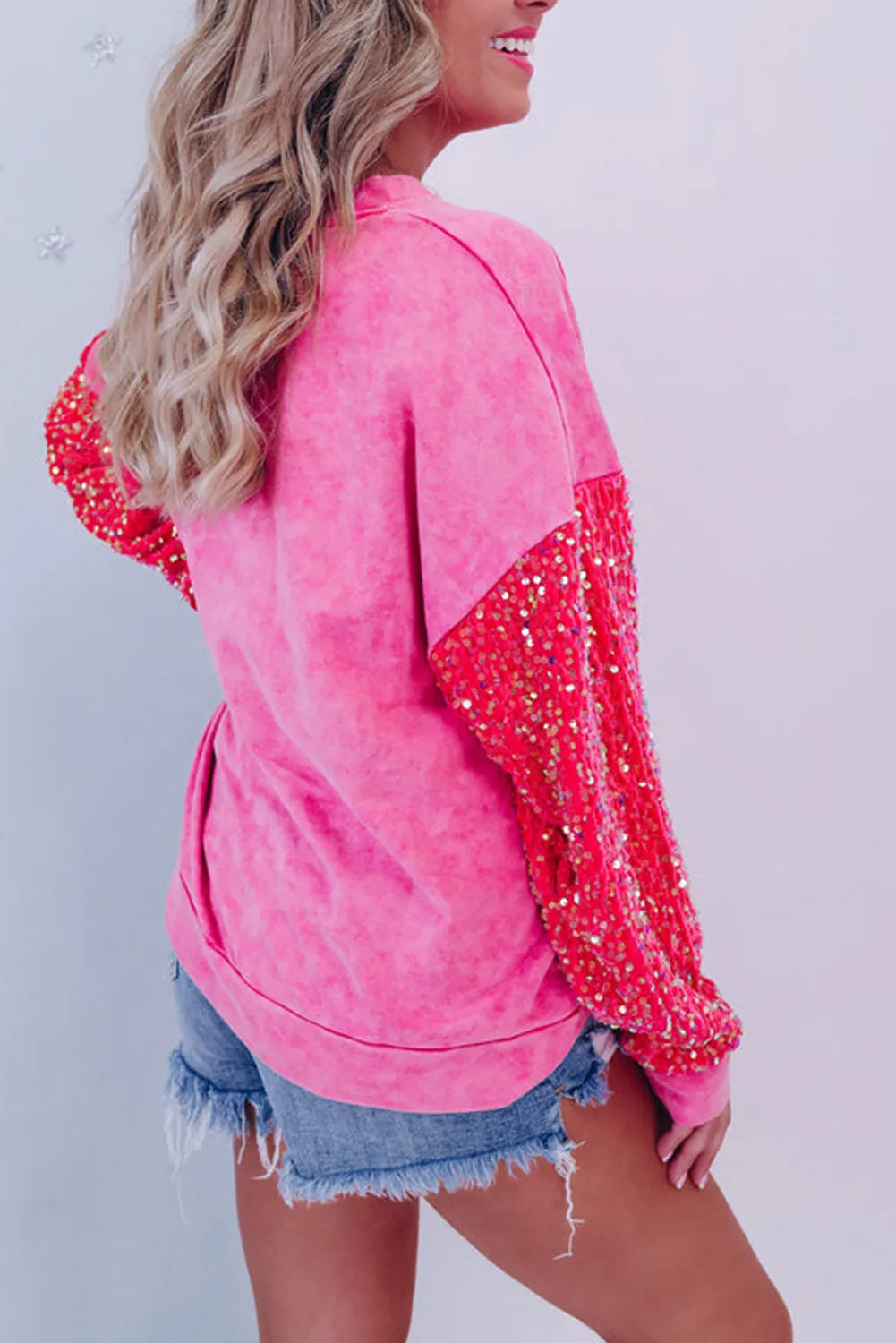 Strawberry Pink Sequin Sleeve Contrast Mineral Washed Sweatshirt