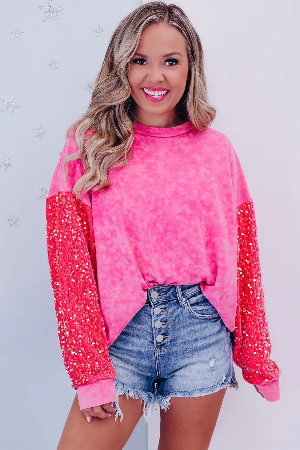 Strawberry Pink Sequin Sleeve Contrast Mineral Washed Sweatshirt
