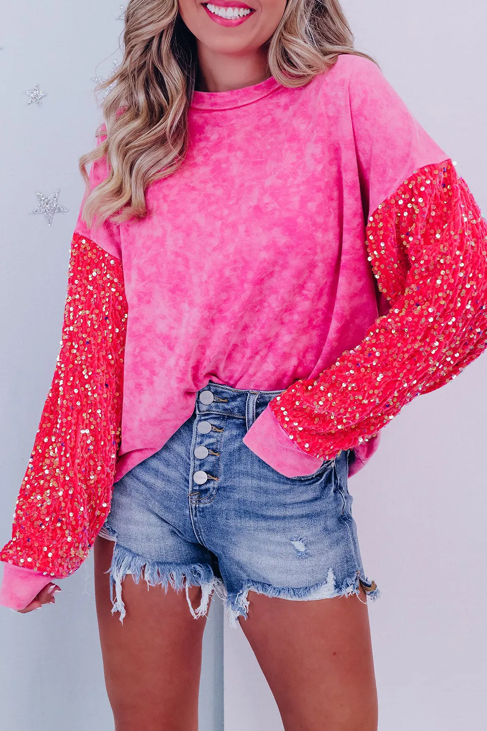 Strawberry Pink Sequin Sleeve Contrast Mineral Washed Sweatshirt
