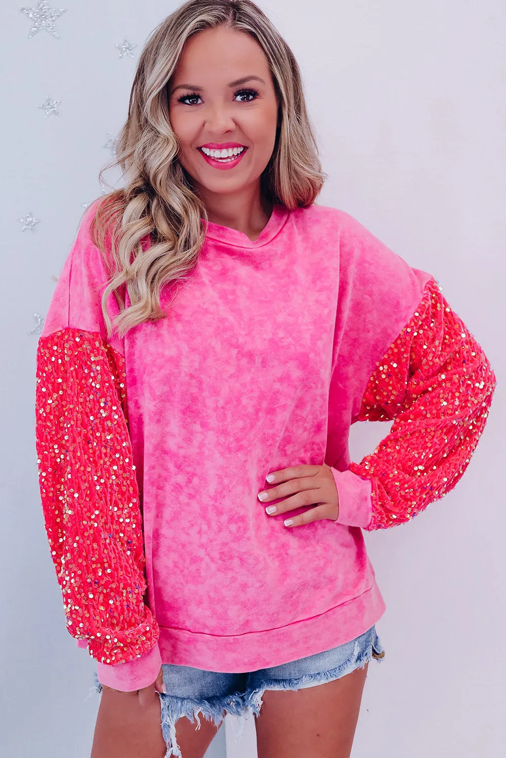 Strawberry Pink Sequin Sleeve Contrast Mineral Washed Sweatshirt