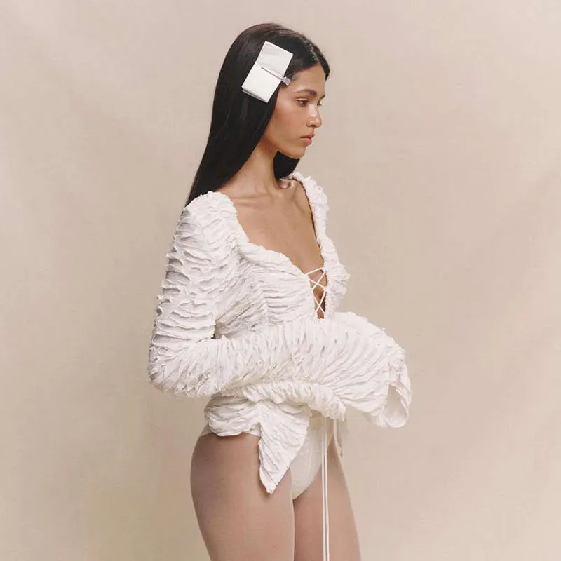 Textured Lace-Up Hollow Long-Sleeve Jacket with Statement Design