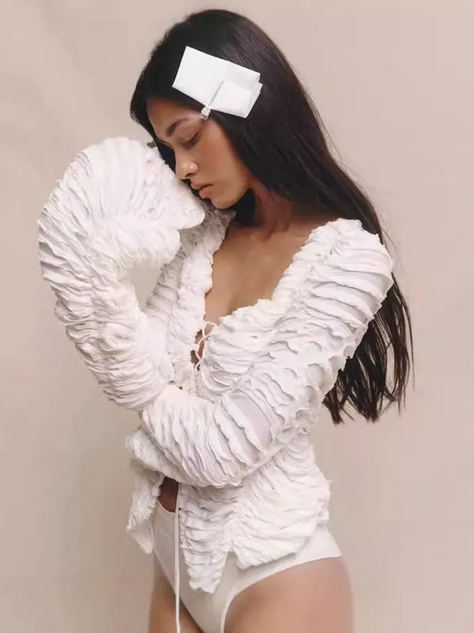 Textured Lace-Up Hollow Long-Sleeve Jacket with Statement Design