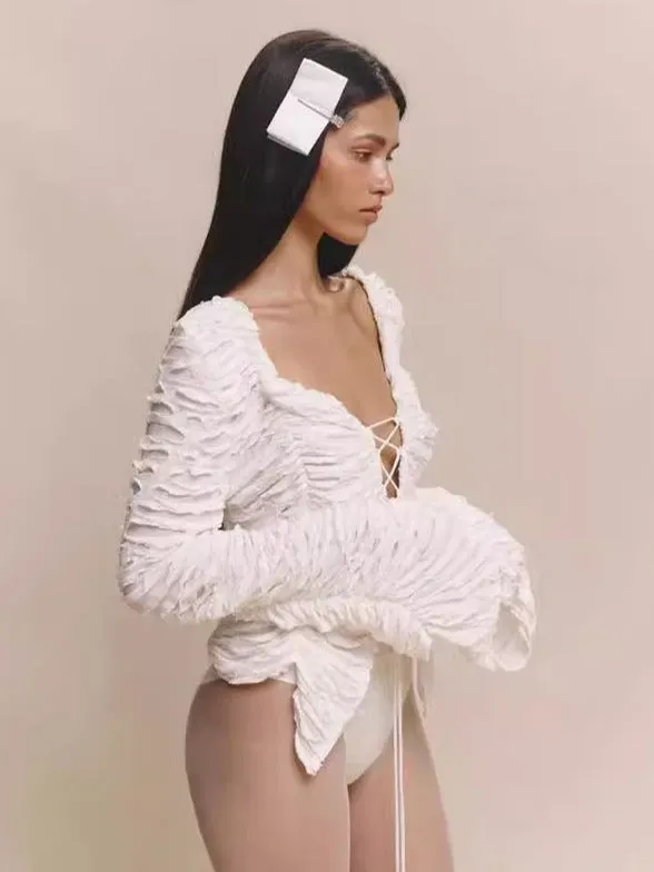 Textured Lace-Up Hollow Long-Sleeve Jacket with Statement Design