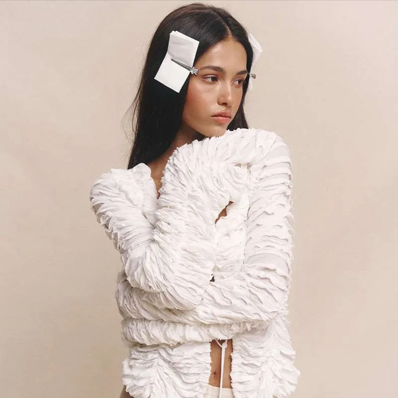 Textured Lace-Up Hollow Long-Sleeve Jacket with Statement Design