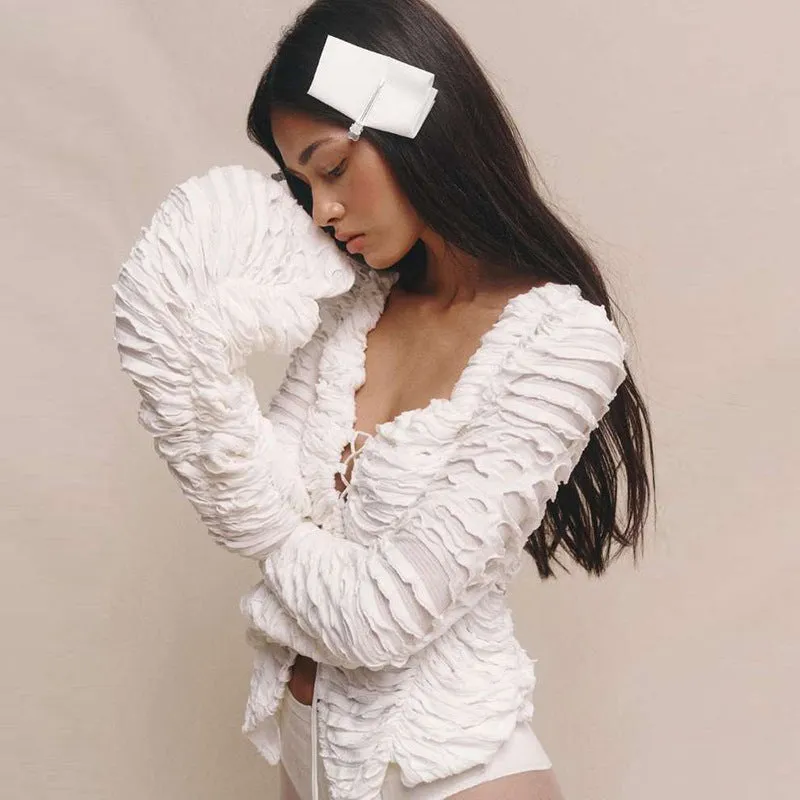 Textured Lace-Up Hollow Long-Sleeve Jacket with Statement Design