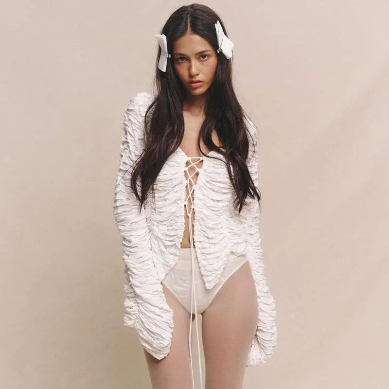 Textured Lace-Up Hollow Long-Sleeve Jacket with Statement Design