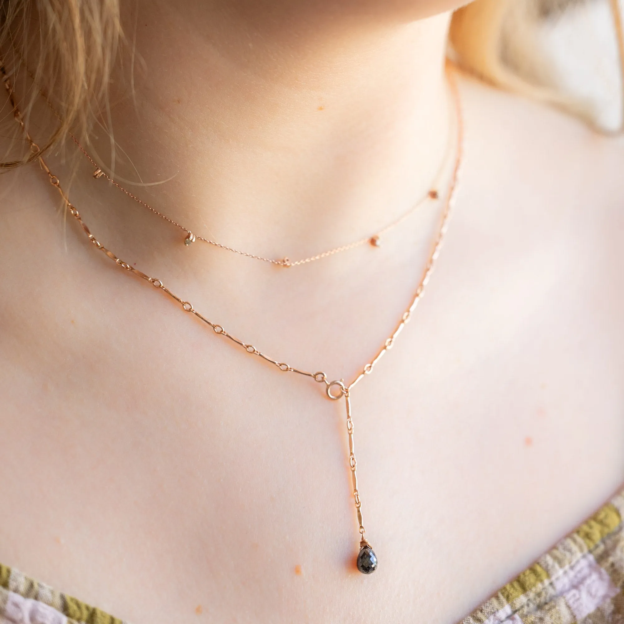 The Bar Chain Briolette Black Diamond Lariat Necklace | Gold Filled
