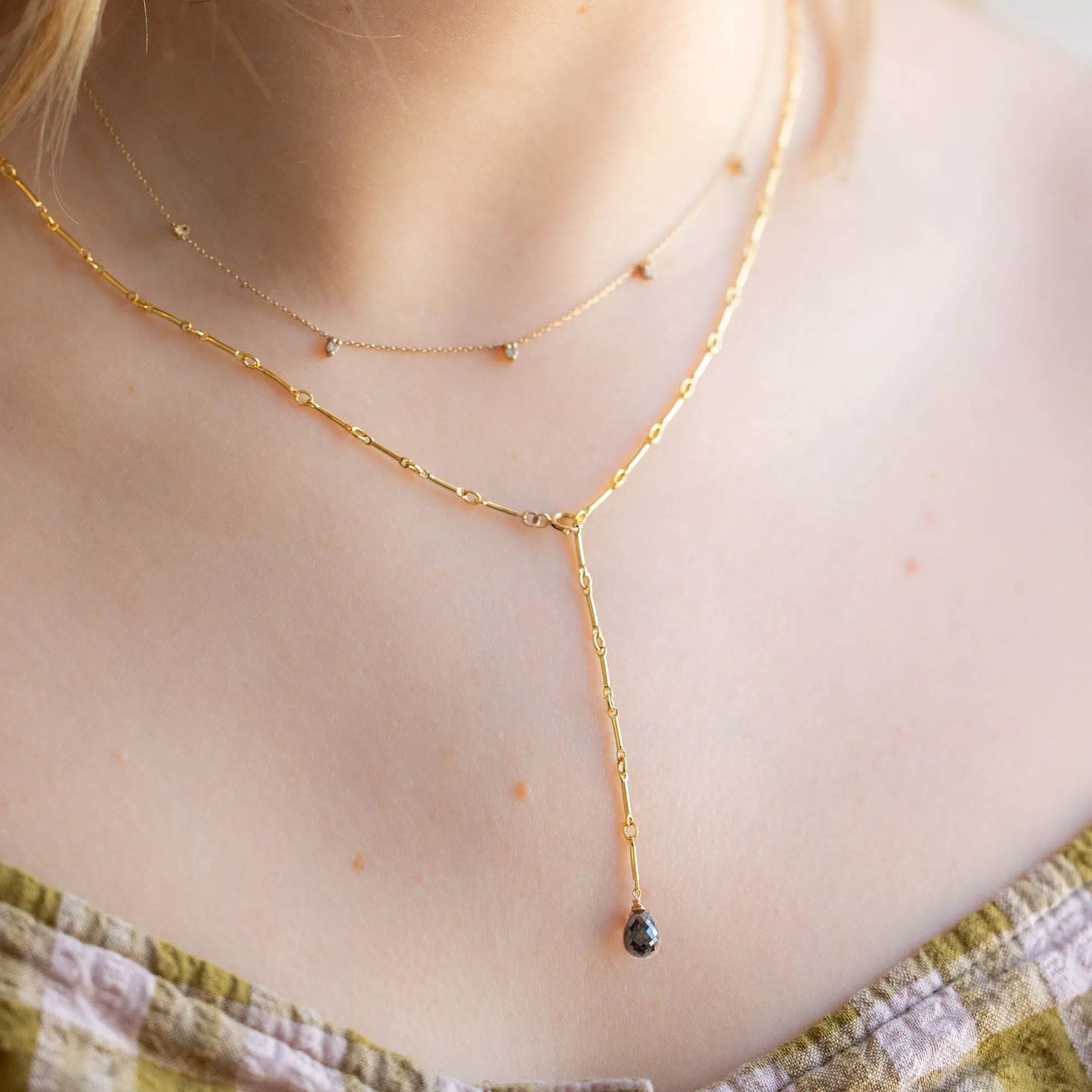 The Bar Chain Briolette Black Diamond Lariat Necklace | Gold Filled