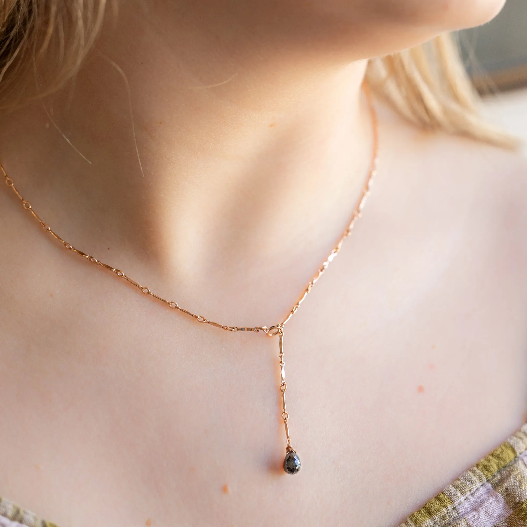 The Bar Chain Briolette Black Diamond Lariat Necklace | Gold Filled