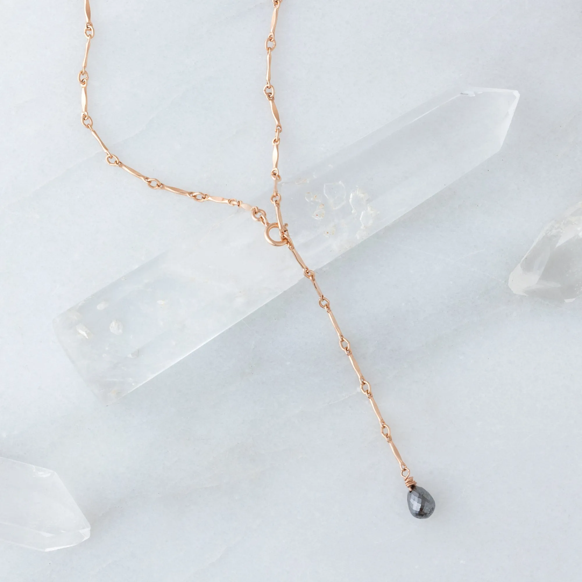 The Bar Chain Briolette Black Diamond Lariat Necklace | Gold Filled