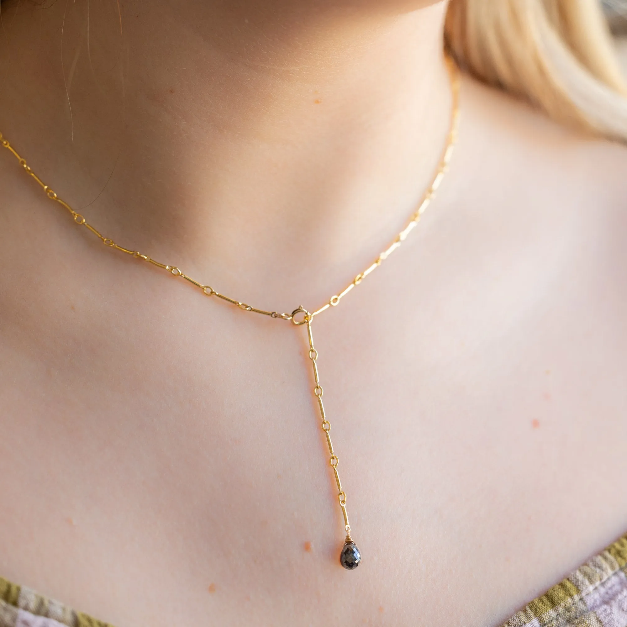 The Bar Chain Briolette Black Diamond Lariat Necklace | Gold Filled