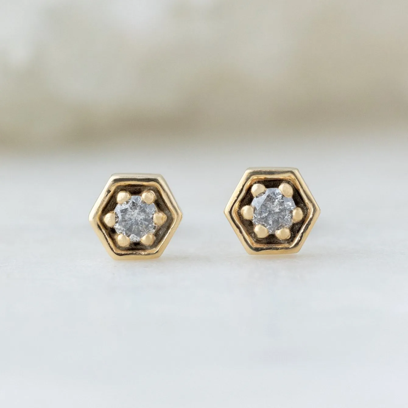 The Galaxy Salt and Pepper Diamond Hexagon Stud Earrings | 14K Yellow Gold