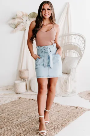 Took Too Long Tie Belt Denim Skirt (Light Denim)