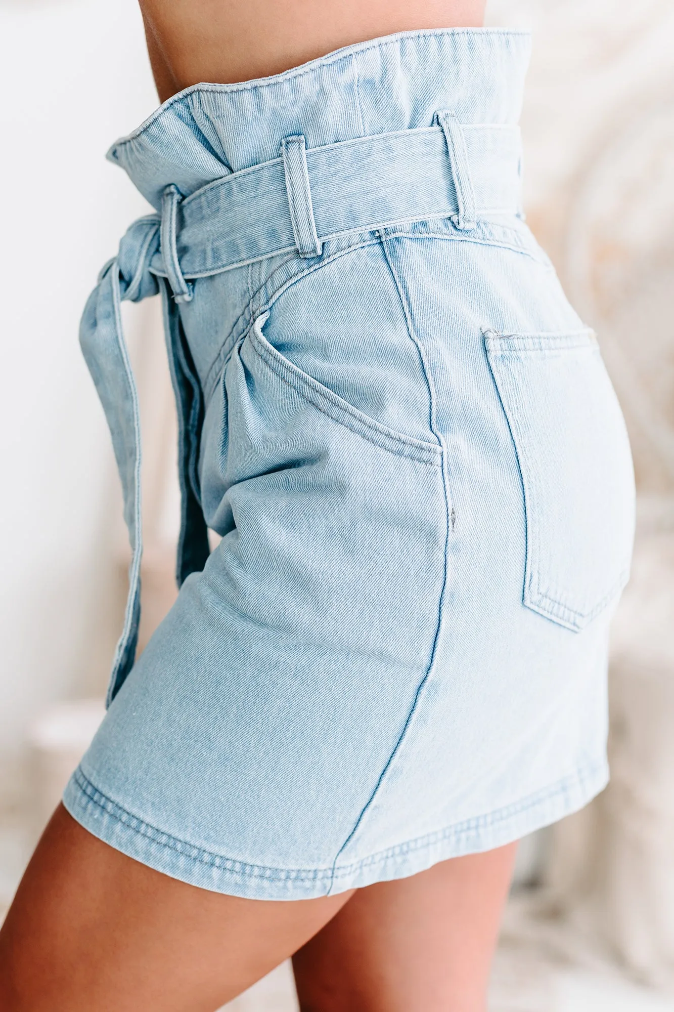 Took Too Long Tie Belt Denim Skirt (Light Denim)
