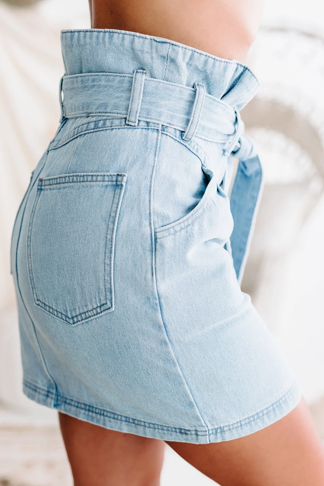 Took Too Long Tie Belt Denim Skirt (Light Denim)