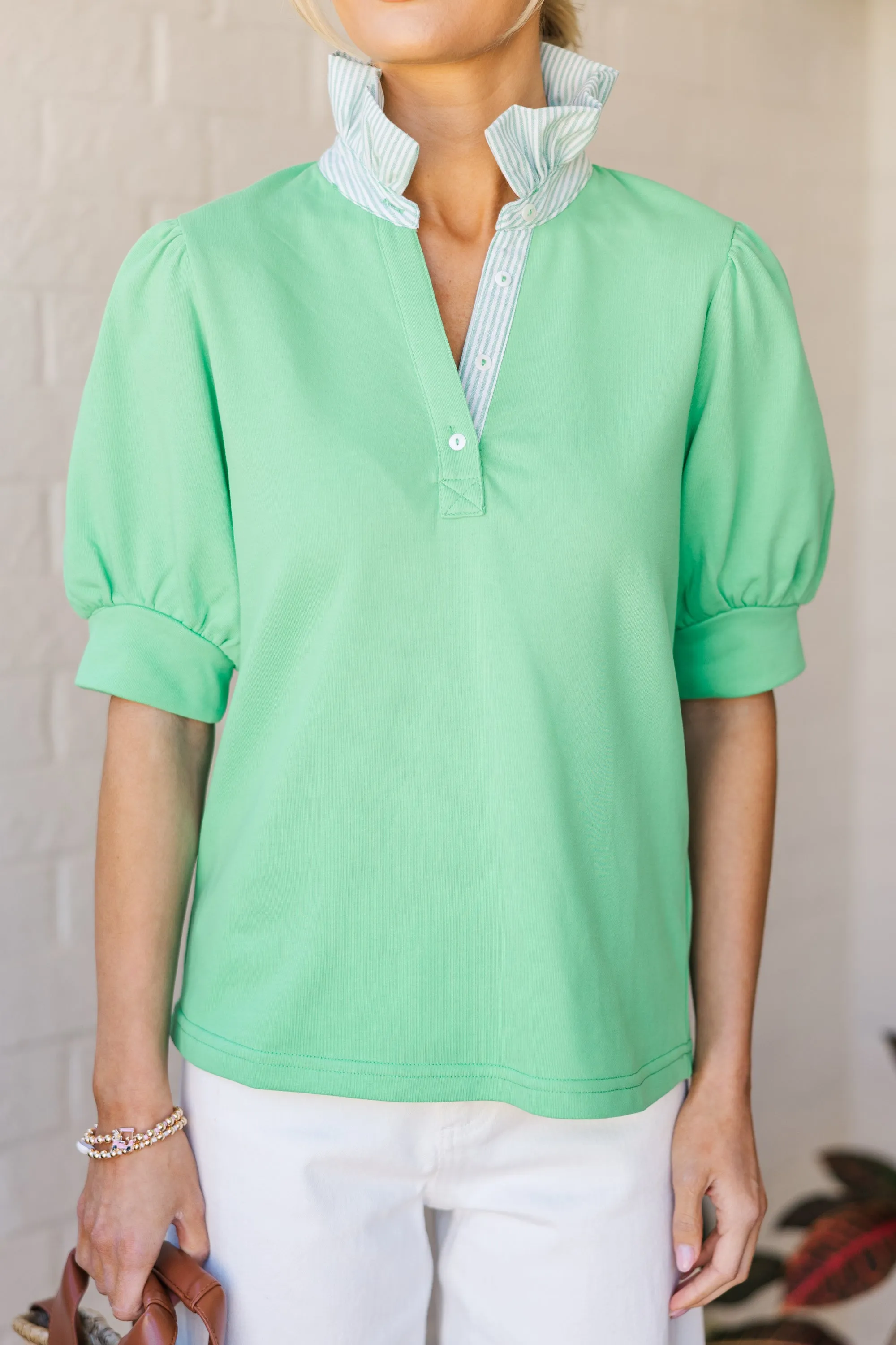 Try It Apple Green Ruffled Blouse