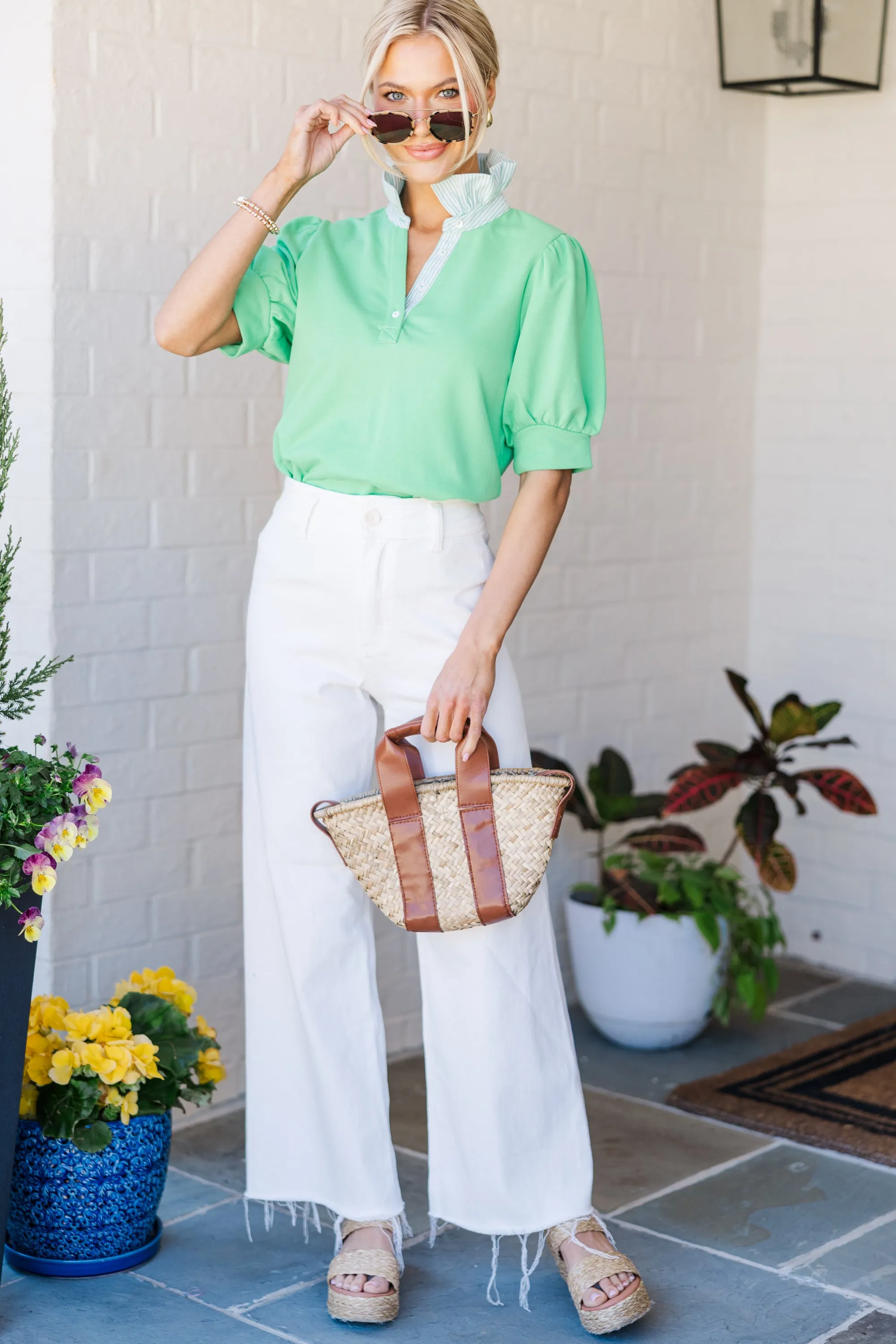 Try It Apple Green Ruffled Blouse