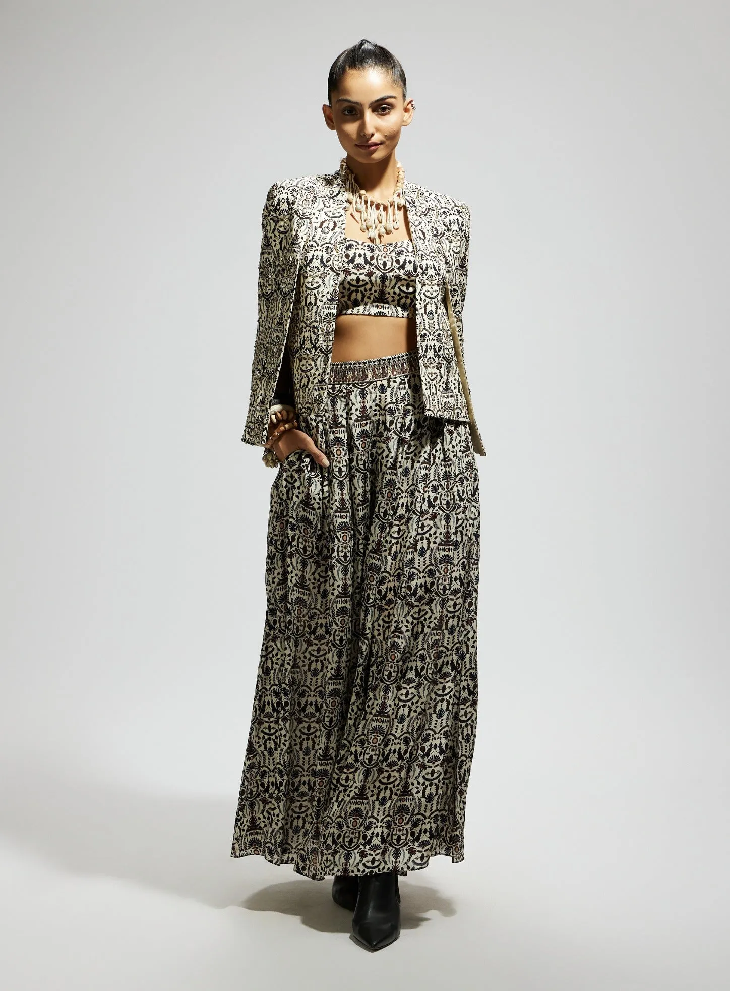 White embellished jaal cape jacket and skirt set