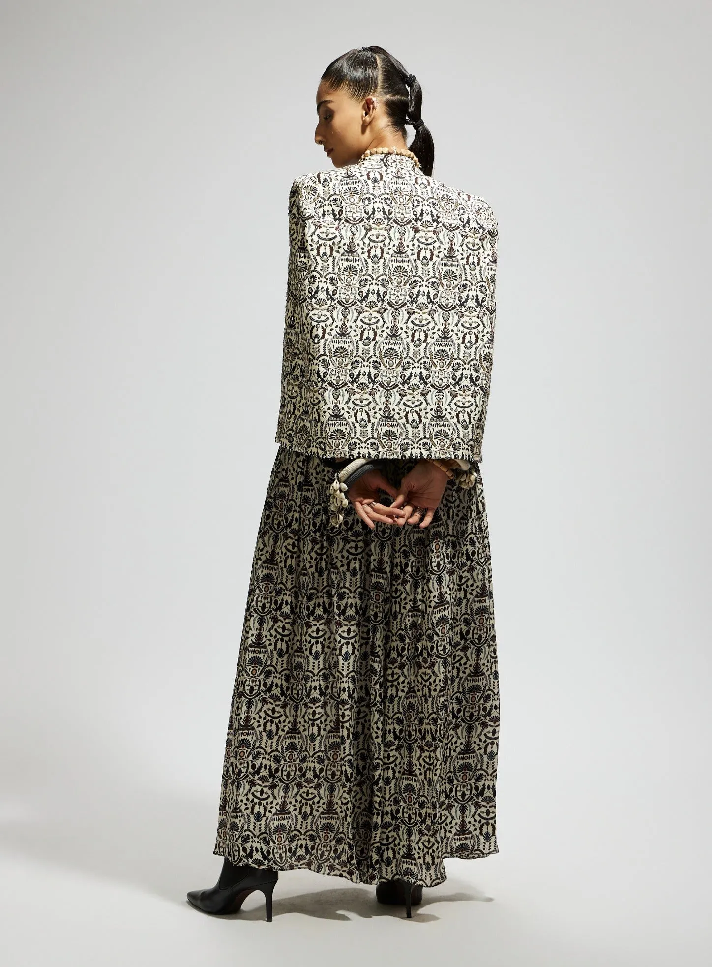 White embellished jaal cape jacket and skirt set
