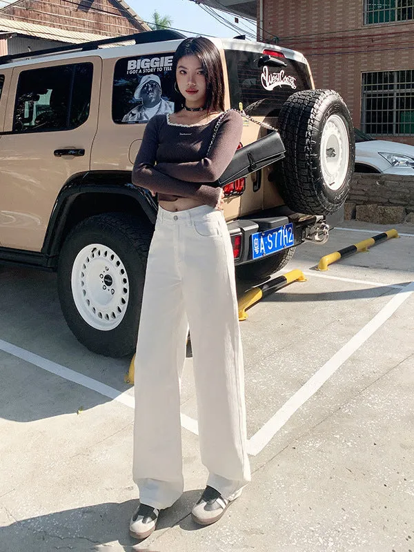 White High-Waist Straight-Leg Jeans | Baggy Denim Pants with Pockets for Women