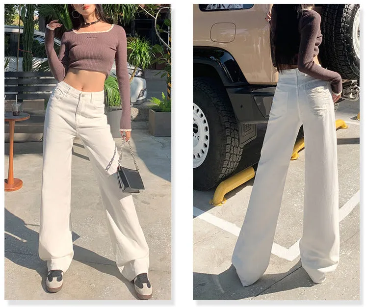 White High-Waist Straight-Leg Jeans | Baggy Denim Pants with Pockets for Women