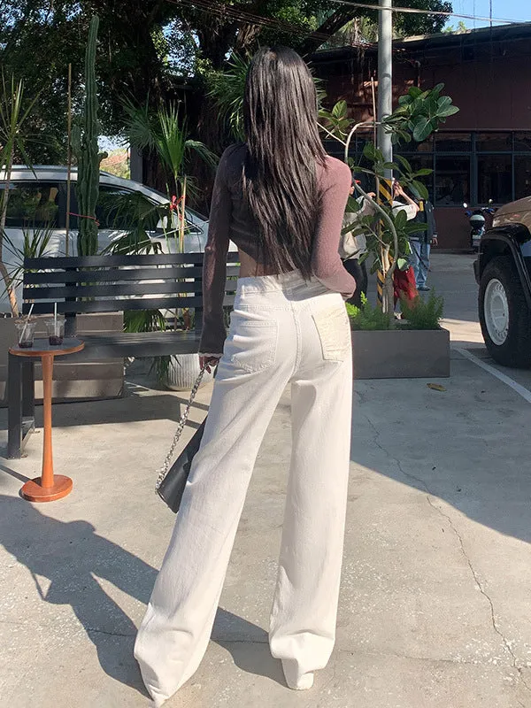 White High-Waist Straight-Leg Jeans | Baggy Denim Pants with Pockets for Women
