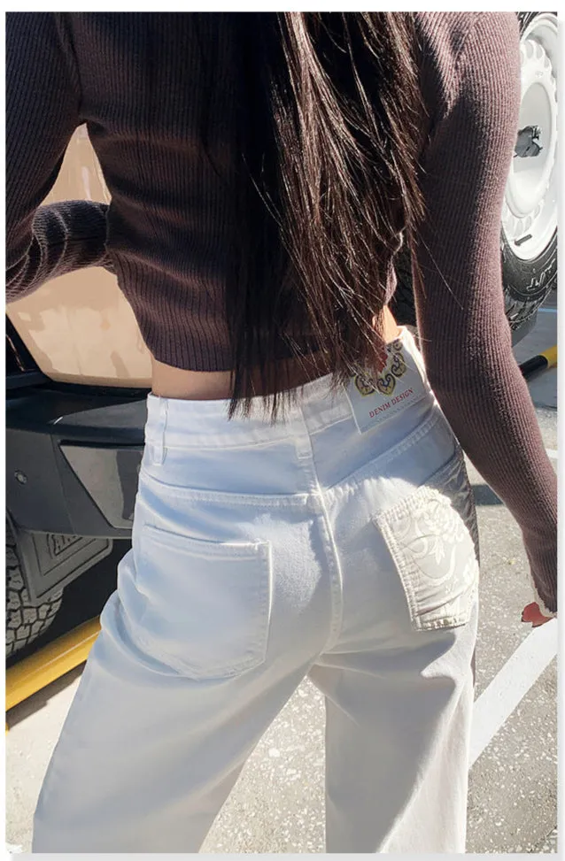 White High-Waist Straight-Leg Jeans | Baggy Denim Pants with Pockets for Women