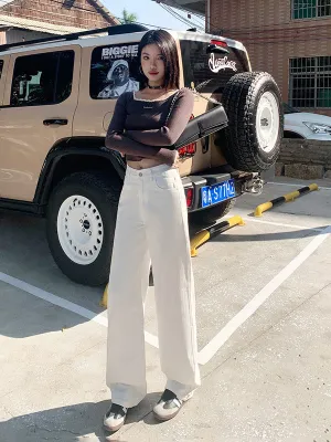 White High-Waist Straight-Leg Jeans | Baggy Denim Pants with Pockets for Women