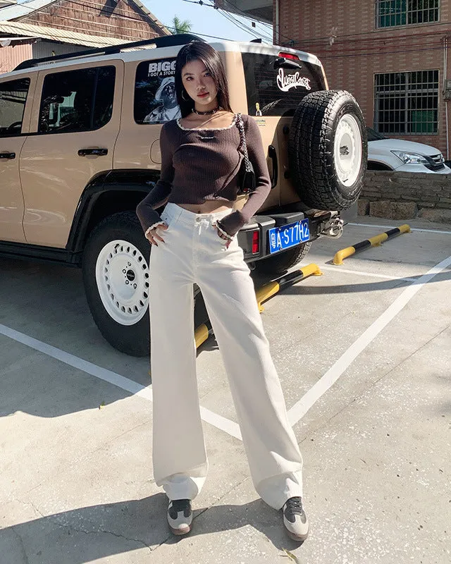 White High-Waist Straight-Leg Jeans | Baggy Denim Pants with Pockets for Women