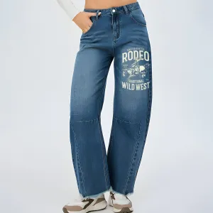 Women It's Rodeo Time Graphic Baggy Straight Leg Jean