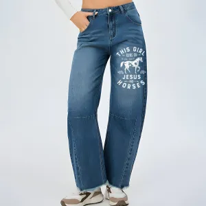Women This Girl Runs To Jesus Horse Graphic Straight Leg Jean