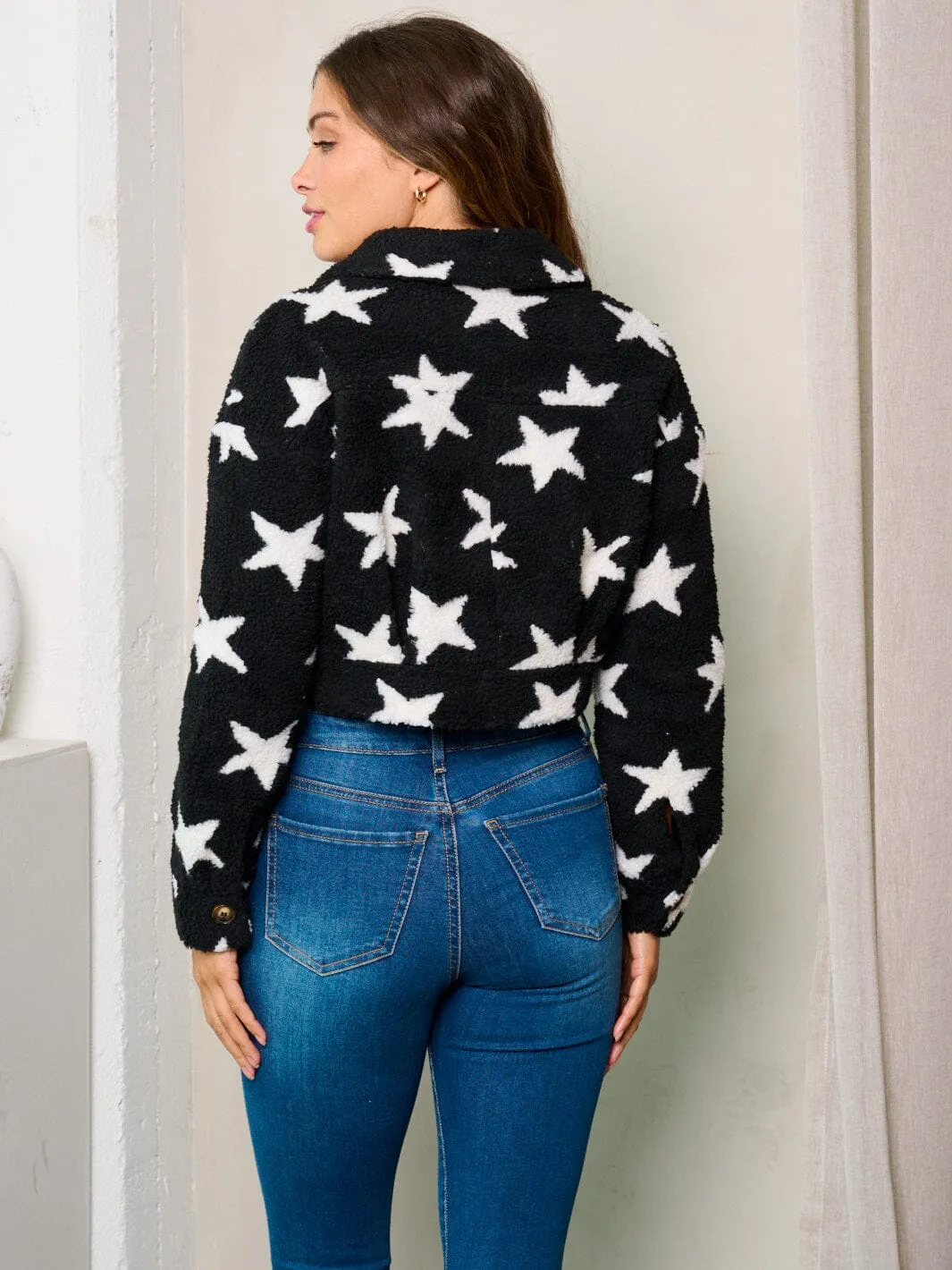 WOMEN'S LONG SLEEVE BUTTON CLOSURE STARS PRINT CROP JACKET
