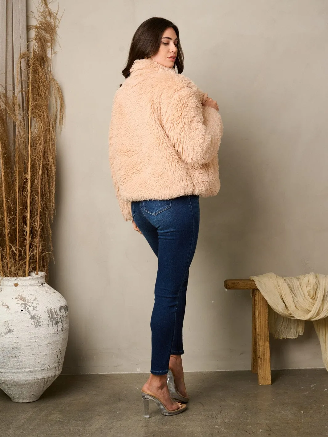 WOMEN'S LONG SLEEVE OPEN FRONT FUZZY COAT JACKET