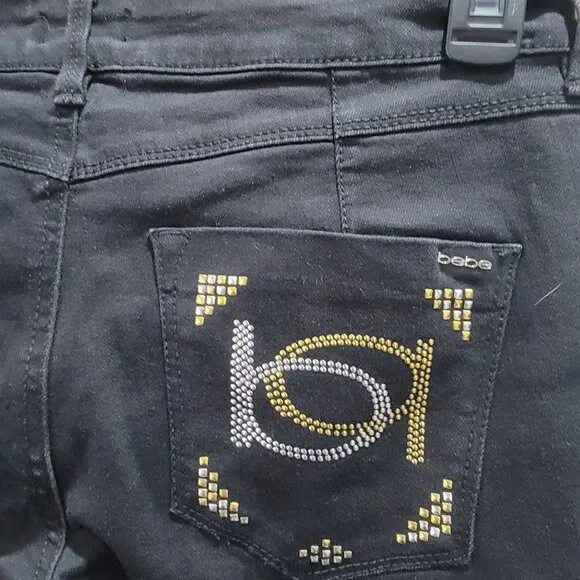 🤩Women's skinny Jeans Bebe Sz 28 heartbreaker Black Denim Pant studded Pockets