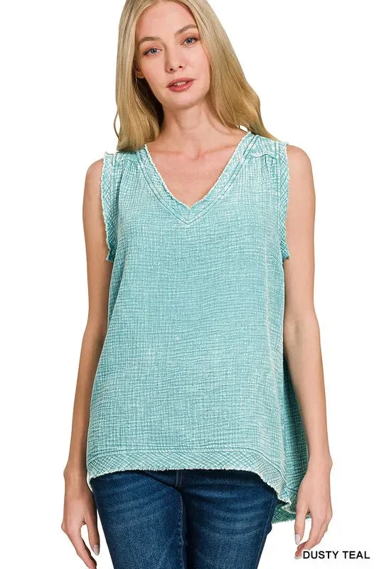 Zenana Double Gauze Raw Edge Acid Washed Tank