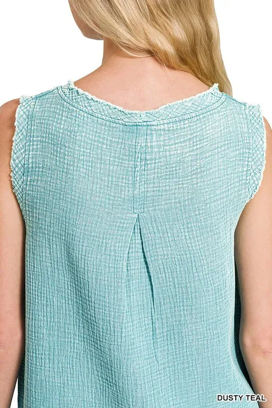 Zenana Double Gauze Raw Edge Acid Washed Tank